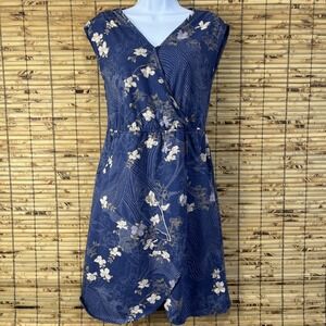 Aventura Dress Womens XS Blue Floral Organic Cotton Faux Wrap Pockets Cottage